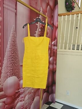 Square Leather Mini Dress in Vibrant Yellow